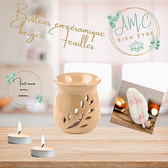 Brûleur  en céramique  beige- Feuilles